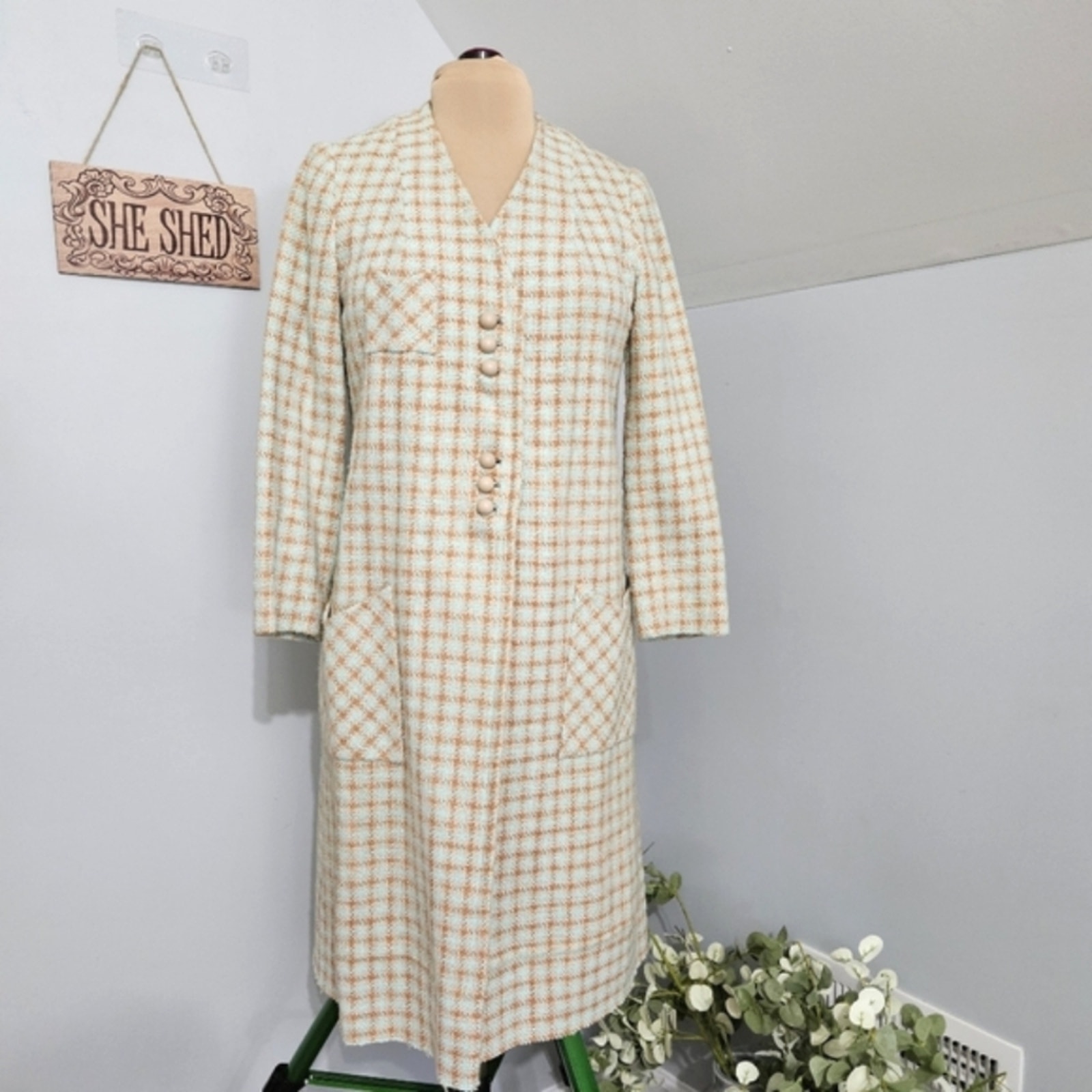 Coat Checkered Tweed Blue Brown Longline Button Front Handmade Lined Raw Hem